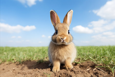Cute Little Rabbit Hopping on Fresh Green Grass with Ample Room for Custom Text or Advertisementsの素材