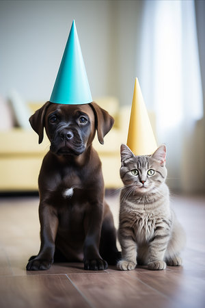 Happy cat and dog Wearing Party Hat for Festive Birthday Celebration with Copy Space. Verticalの素材