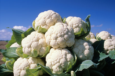 Bountiful fresh cauliflower harvest thriving on a modern and sustainable plantation fieldの素材