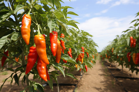 Lush and colorful chili pepper harvest thriving on a modern and technologically advanced plantationの素材