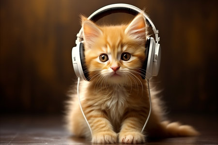 Adorable tabby ginger dj kitten cat wearing headphones and listening to music with copy spaceの素材