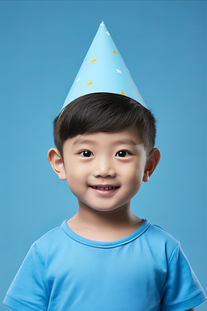 Joyful asia boy in party hat celebrating birthday on blue background with copy space. Vertical shotの素材