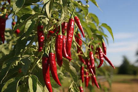 Lush and red chili pepper harvest thriving on a modern and technologically advanced plantationの素材
