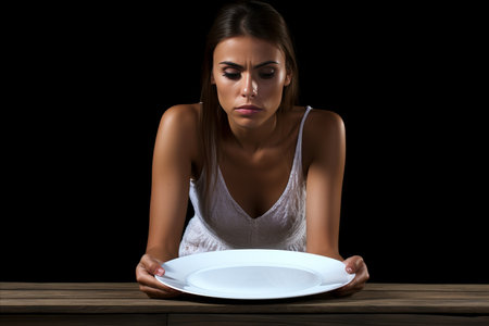 Sad girl sitting in front of an empty plate, diet conceptの素材