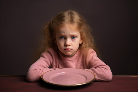 Sad girl sitting with an empty plate with space for text. Diet concept, allergic food restrictionsの素材