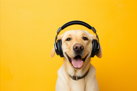 Happy DJ dog Labrador Retriever in headphones listens to music on yellow background with space for textの素材