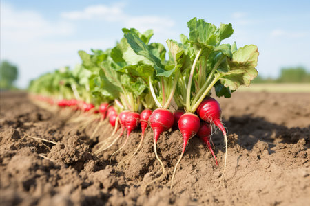 Lush and abundant fresh radishes harvest growing on a state of the art plantation farmの素材