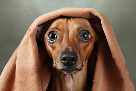 Cute dog in a cozy towel sitting and looking at the camera with blank space for adding textの素材