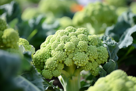 Abundant fresh broccoli harvest growing in a plantation, sustainable farmingの素材