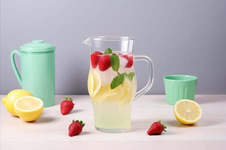 Fresh fruit-infused lemonade in a jug. refreshing citrus delight with space for textの素材