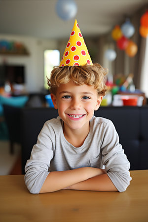Joyful boy wearing party hat, celebrating festive birthday with ample copy space. Verticalの素材