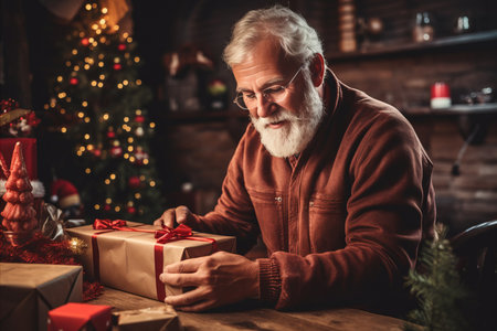 Man packing gifts in wrapping paper with copy space for personalized messages. Christmasの素材