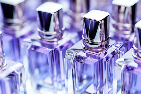Close-up shot of identical perfume bottles - luxury fragrance collection for saleの素材