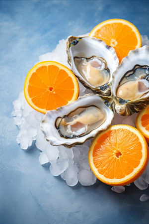 Freshly shucked oysters with lemon wedge and copy space for text, vertical imageの素材