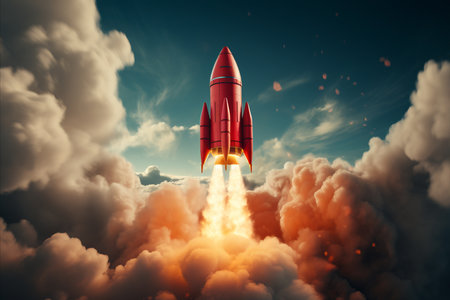 Majestic rocket launch into the infinite cosmos, illuminating the stars with boundless powerの素材