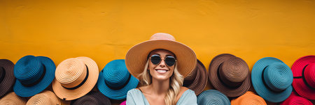 Colorfully adorned woman with a radiant hat - splendid banner for a delightful shopping experience.の素材