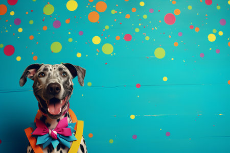 Adorable Dalmatian dog wearing a colorful birthday costume with space for personalized textの素材