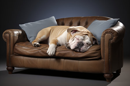 Cute english bulldog sleeping comfortably on sofa with ample copy space for textの素材