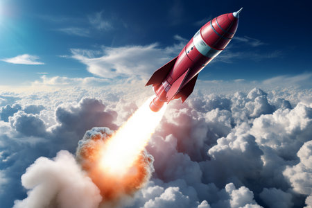 Rocket soars into space with fiery trail behind, blasting off into the great unknownの素材