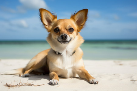 captivating chihuahua enjoying a relaxing stroll on the seashore, gazing directly into the camera lensの素材