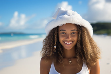 Happy african american woman in white santa hat on seashore with ample copy spaceの素材