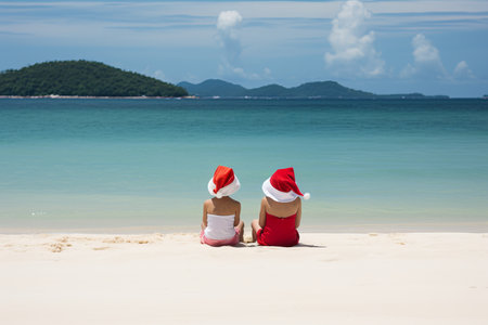 Happy children in santa claus hats, having fun by the seashore, with lots of space for textの素材