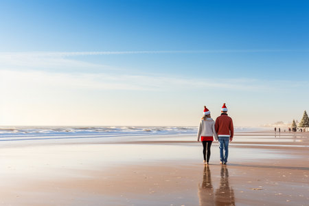 Happy couple celebrating christmas on the beach with copy space for text - romantic holiday getawayの素材