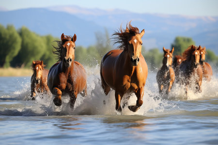 horses racing river, copy space - json format. title. horses racing river, copy spaceの素材