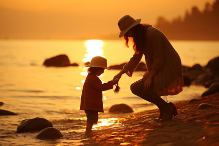 Mother vesila bonding with her child, spending quality time together at the beachの素材