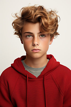 Happy preteen boy posing confidently for the camera with white empty space for text or advertisementの素材