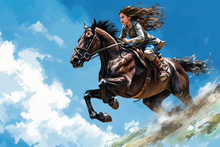 Happy young girl jumping on a majestic horse with space for text in beautiful outdoor sceneryの素材
