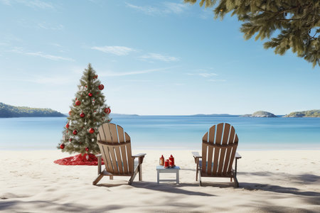 Christmas beach vacation. sun loungers and seashore christmas tree for holiday at seaの素材