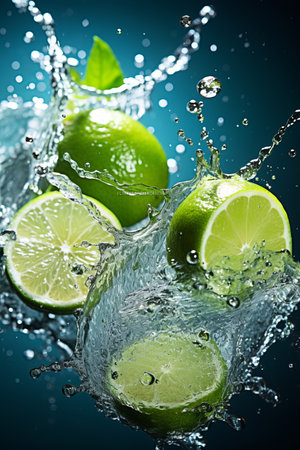 falling lime slice splash in vertical water background - ideal for freshness conceptの素材