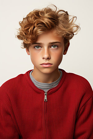 Preteen boy gazing into the camera with ample space for captivating text - verticalの素材