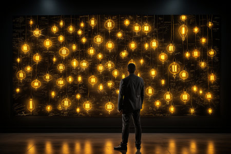 Creative concept. man experiencing a eureka moment with a bright light bulb above his headの素材