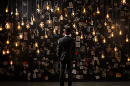 Eureka. man has a brilliant idea - light bulb shining above him, ample space for captivating textの素材