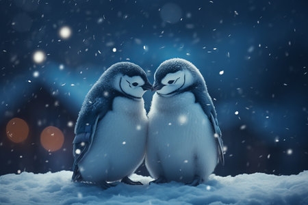 Adorable penguins playing in the arctic habitat with ample copy space for text and design elementsの素材
