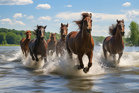 Majestic herd of horses running freely across the river with ample space for textの素材