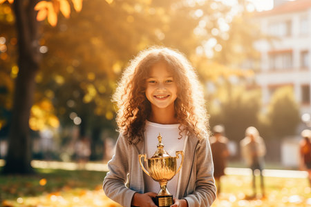 Achievement celebration. preteen girl holds a trophy proudly, with space for personalized textの素材