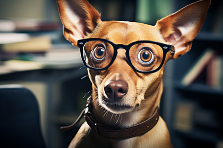 Smart dog with glasses, surprised expression, space for text, pet education conceptの素材