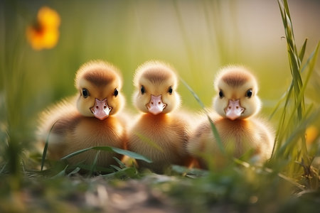 Group of cute little ducklings playing and exploring in the green grassy outdoorsの素材