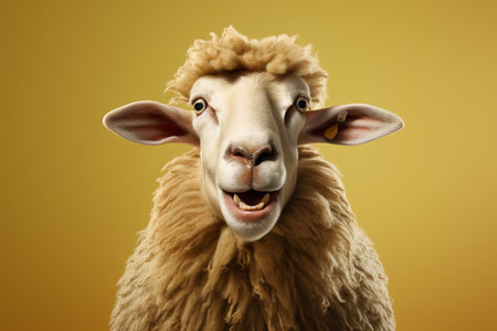 Surprised sheep with expressive eyes looking at the camera standing on a bright yellow backgroundの素材