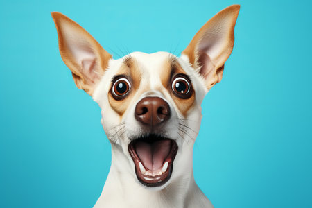 Smart dog with surprised expression, looking at camera, copy space on light blue backgroundの素材