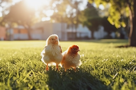Adorable little chickens on green grass - copy space - outdoor scene with cute baby birdsの素材