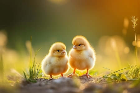 Adorable little yellow chicks roaming freely on green grass outdoors with ample copy spaceの素材
