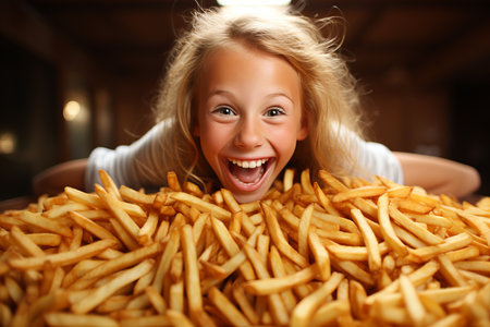 Cheerful preteen girl delighting in eating tasty French fries with a joyful smileの素材