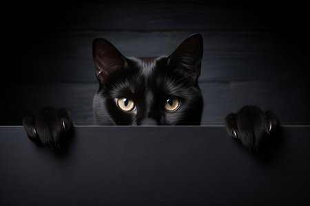 Spooky halloween black cat holding a blank sign mockup with space for text on dark backgroundの素材