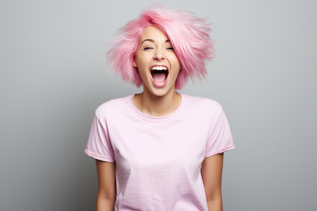 Cheerful girl with pink hair smiling and making eye contact, blank space for textの素材