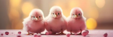 Adorable little pink easter chickens with customizable space for personalized messages and greetingsの素材