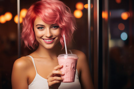 Happy Woman with pink hair drinking milkshake with space for textの素材